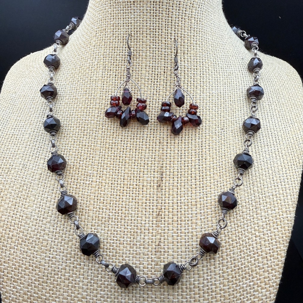 Sterling Silver Garnet Necklace Earring Set Faceted Red Stone Jewelry Dolphin